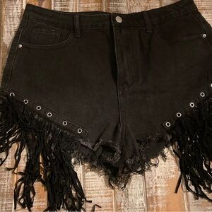SHEIN Black Denim Shorts with Fringe